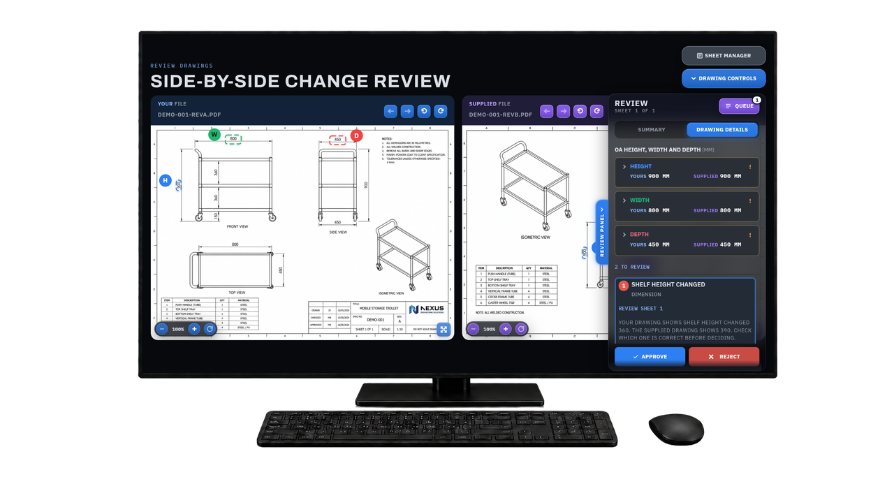 One monitor showing both engineering drawings and the review summary together in APPVLR.