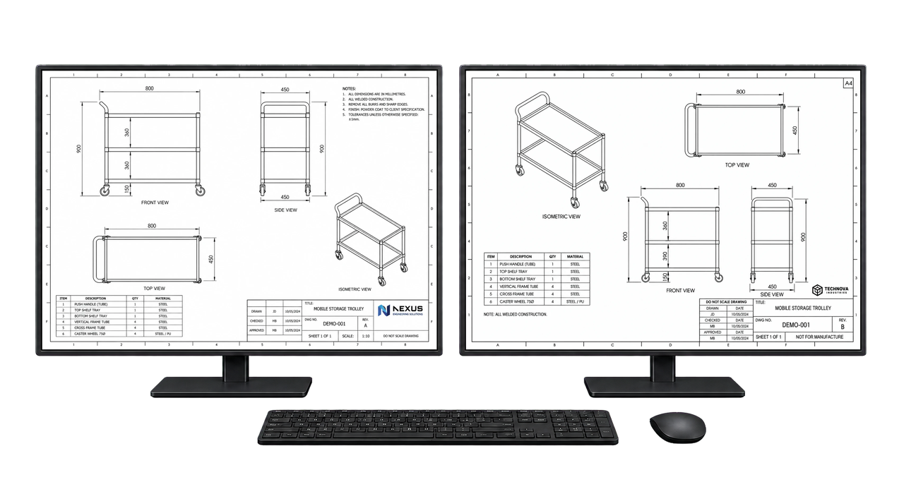 Two monitors showing the engineering drawings separately for review without APPVLR.